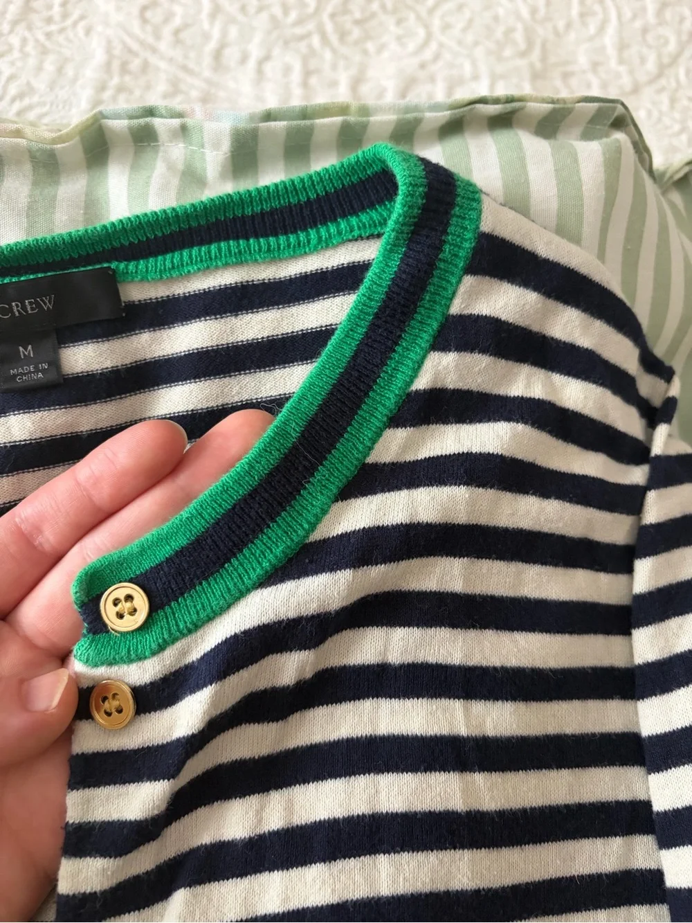 J. Crew Navy and White Striped Cotton Cardigan with Green Trim